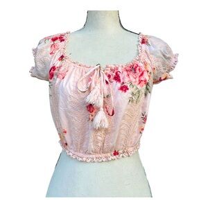 forever 21  Crop Top Women pink  Embroidered floral ‎ puff sleeve size Small